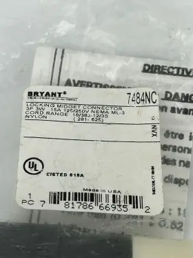 7484nc Bryant Locking Midget Connector 125/250v 15a 3p 3w - Lot Of 2 #2