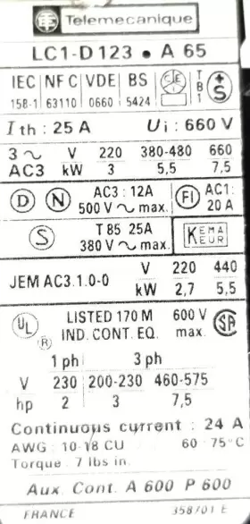 Lc1-d123-a65 Telemecanique Lc1d123a65 Contactor Ui 660v Ith 25a #2